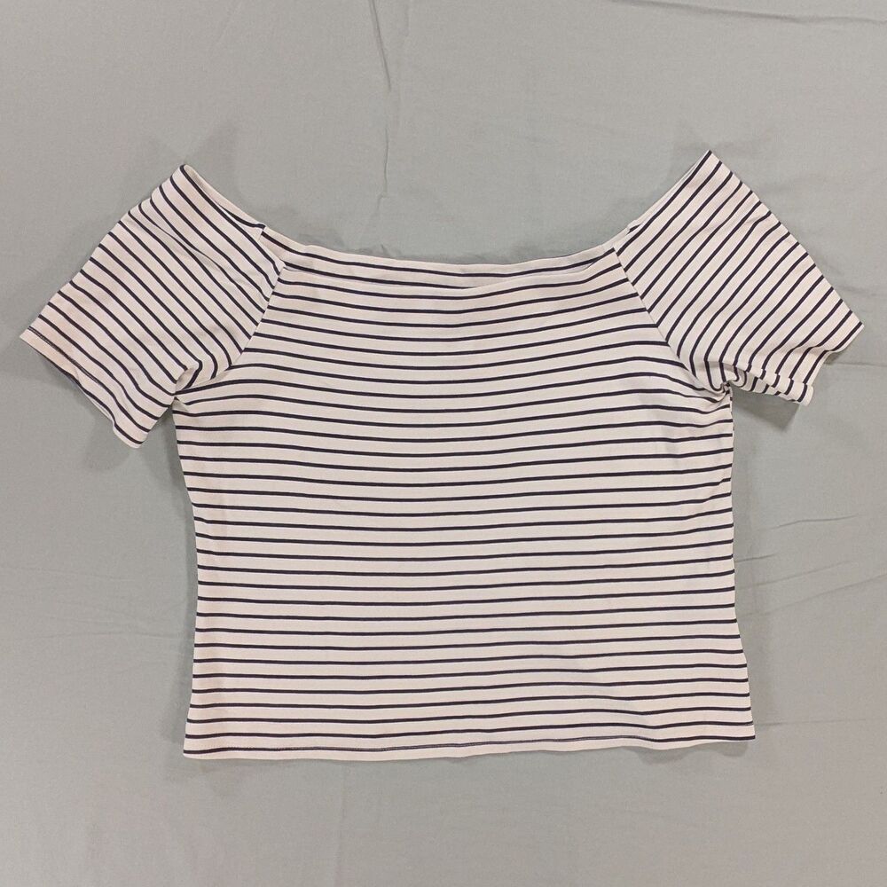 H&M Off Shoulder Striped Cropped Knit Top Black White Size XL
